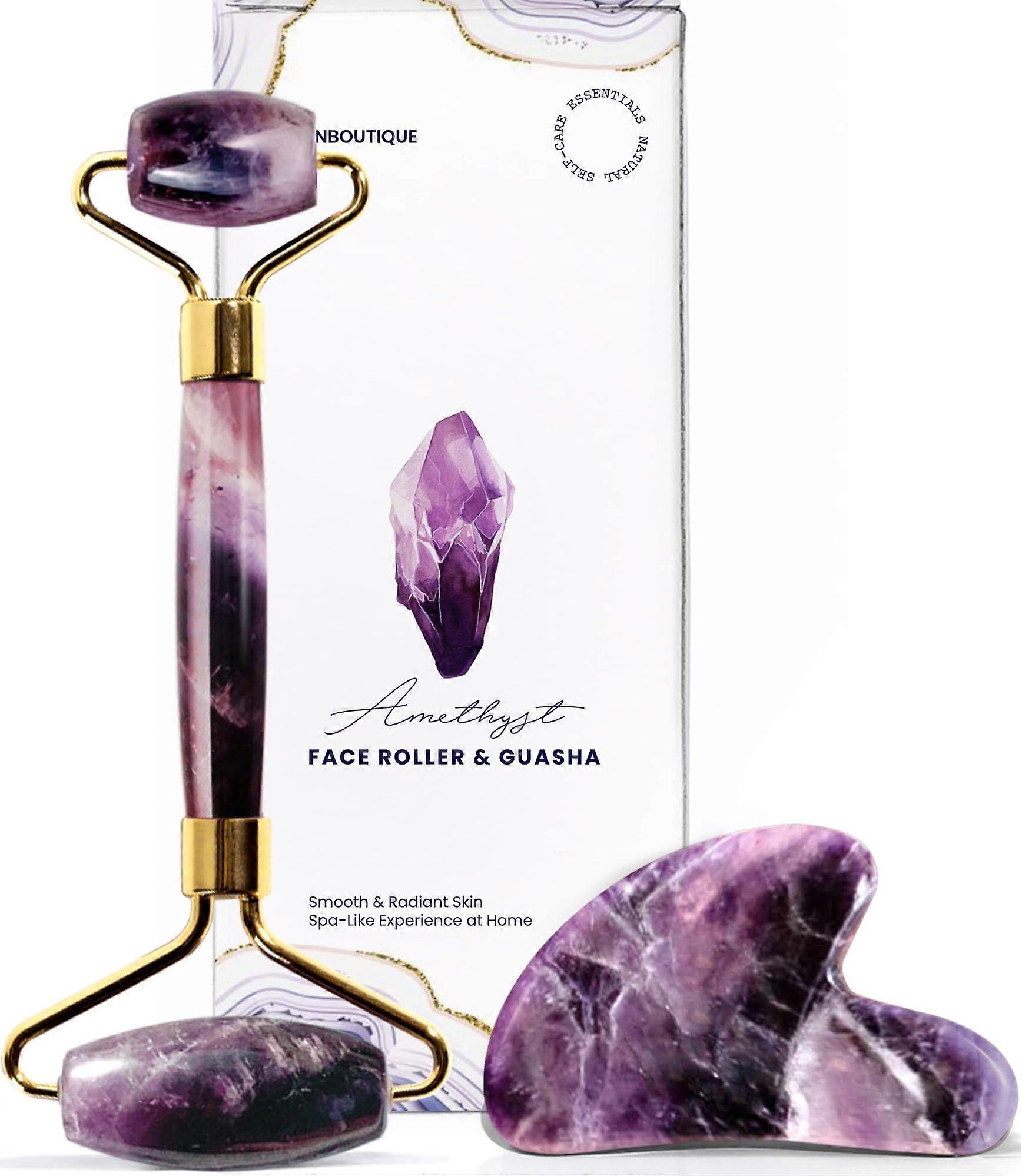 Gua Sha Facial Tools & Face Roller Set - Amethyst Jade Roller & Gua Sha Tool for Natural Anti-Aging Skincare