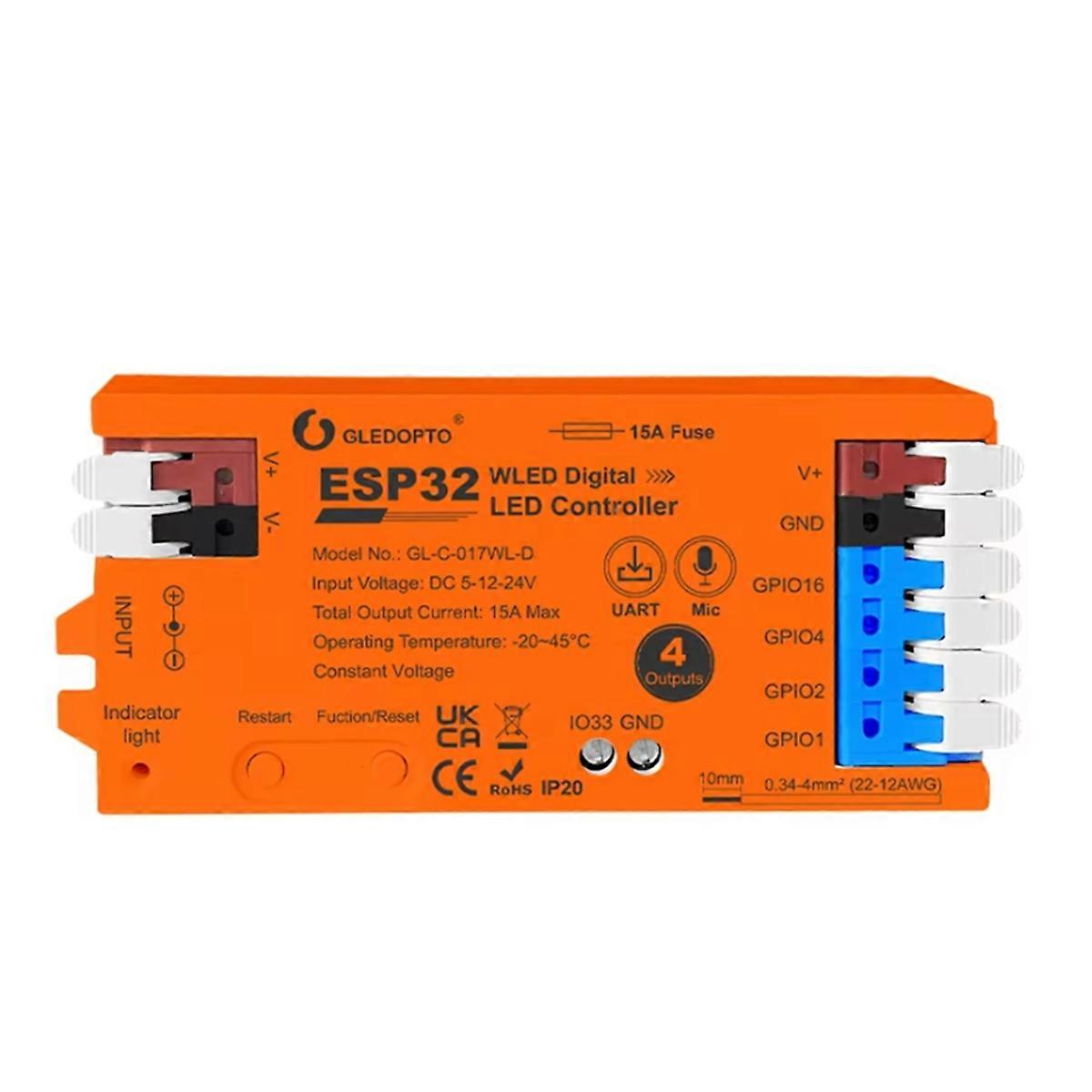ESP32 WLED Controller with 4 Outputs 15A Fuse Mic Sound Dynamic Lights DIY Energy Saving Relay Lev