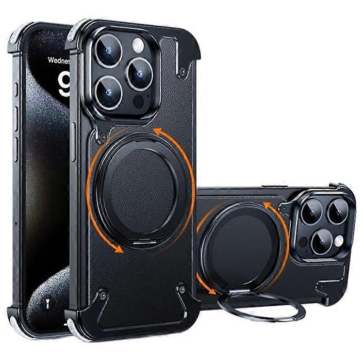 Compatible For iPhone 15 Pro Max Magnetic Case Genuine Cow Leather+PC Kickstand Frameless Back Cover