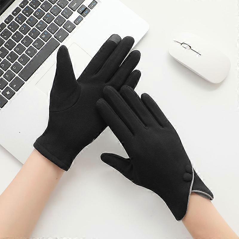 Two Buttons V Cuff Suede Gloves Solid Color Elegant Touch Screen Gloves Autumn Winter Warm Cold-proof Female Gloves