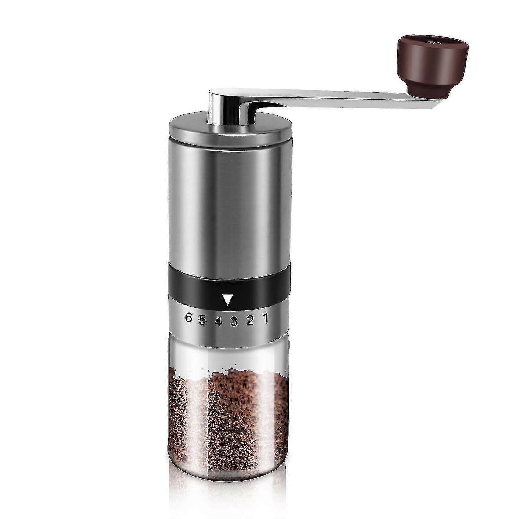 Manual Coffee Grinder - Ceramic Burrs, 6 Adjustable Settings, Portable Hand Crank - Silver