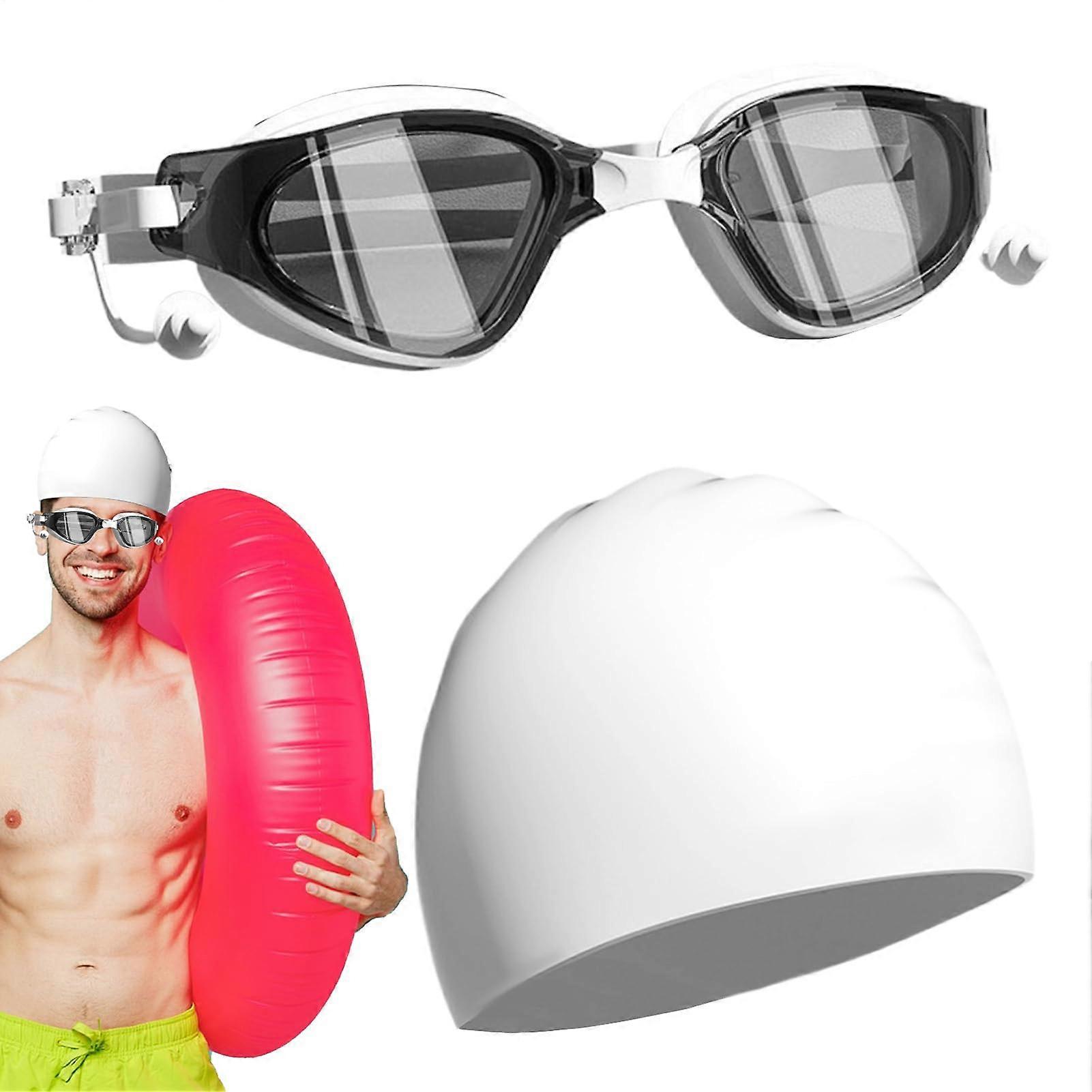 Anti-Fog Swim Goggles HD with Silicone Cap, Scratch-Resistant, Wide View, Adjustable Strap for Swimming, Diving, Skiing in White