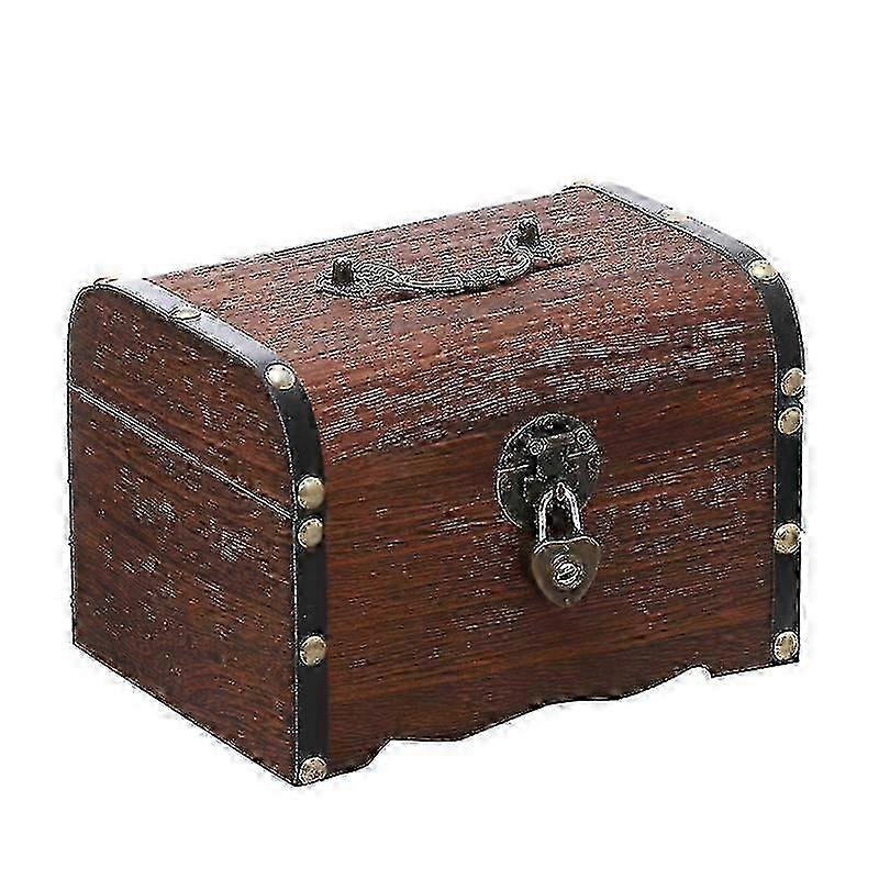 木製の宝箱貯金箱、ロック&キー付き、手作り無垢材の貯金箱、17.5x13x12cm
