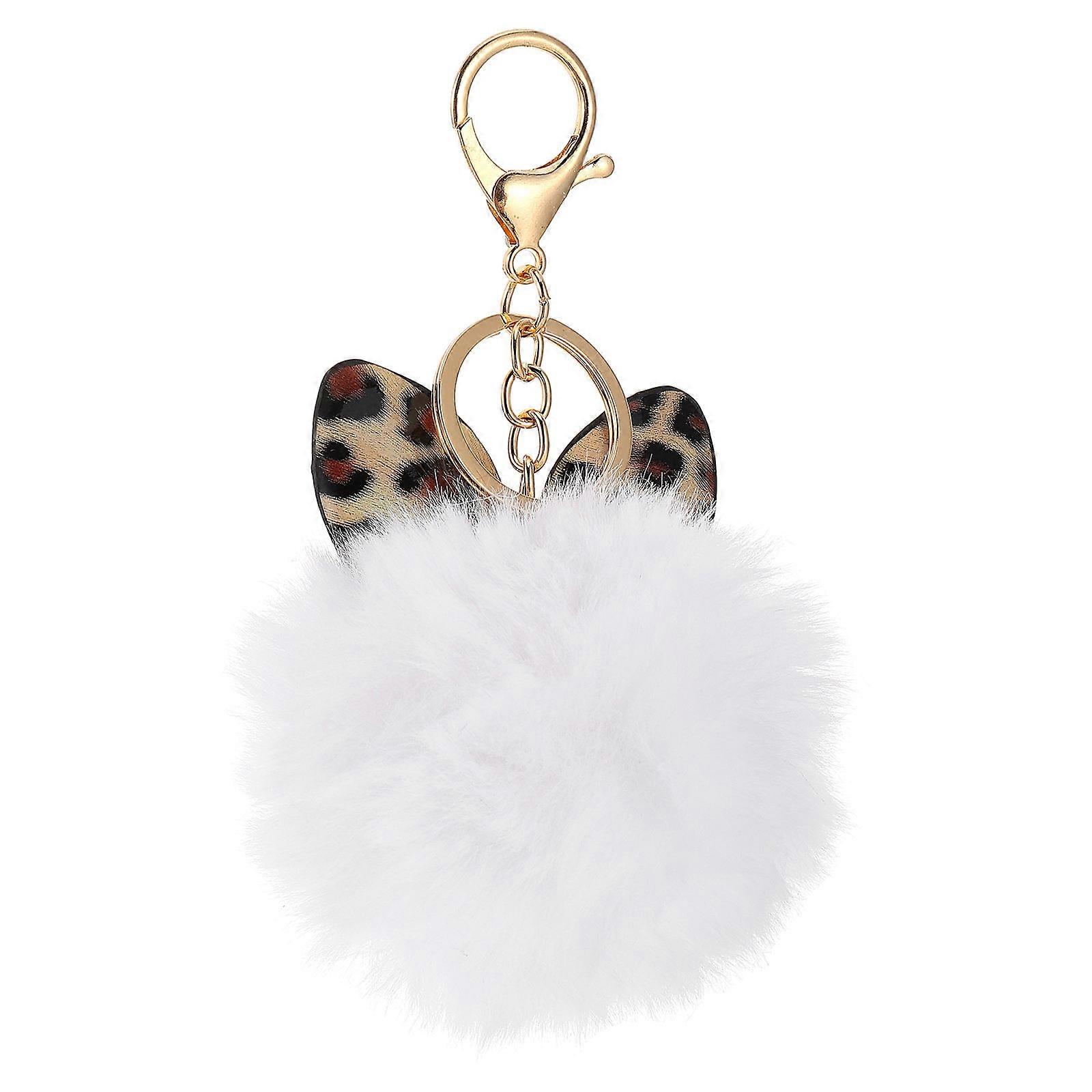 White Leopard Print Fuzzy Keychain Cute Bag Pendant & Car Key Ring for Women Durable Key Organizer for Purses, Backpacks & Decorations