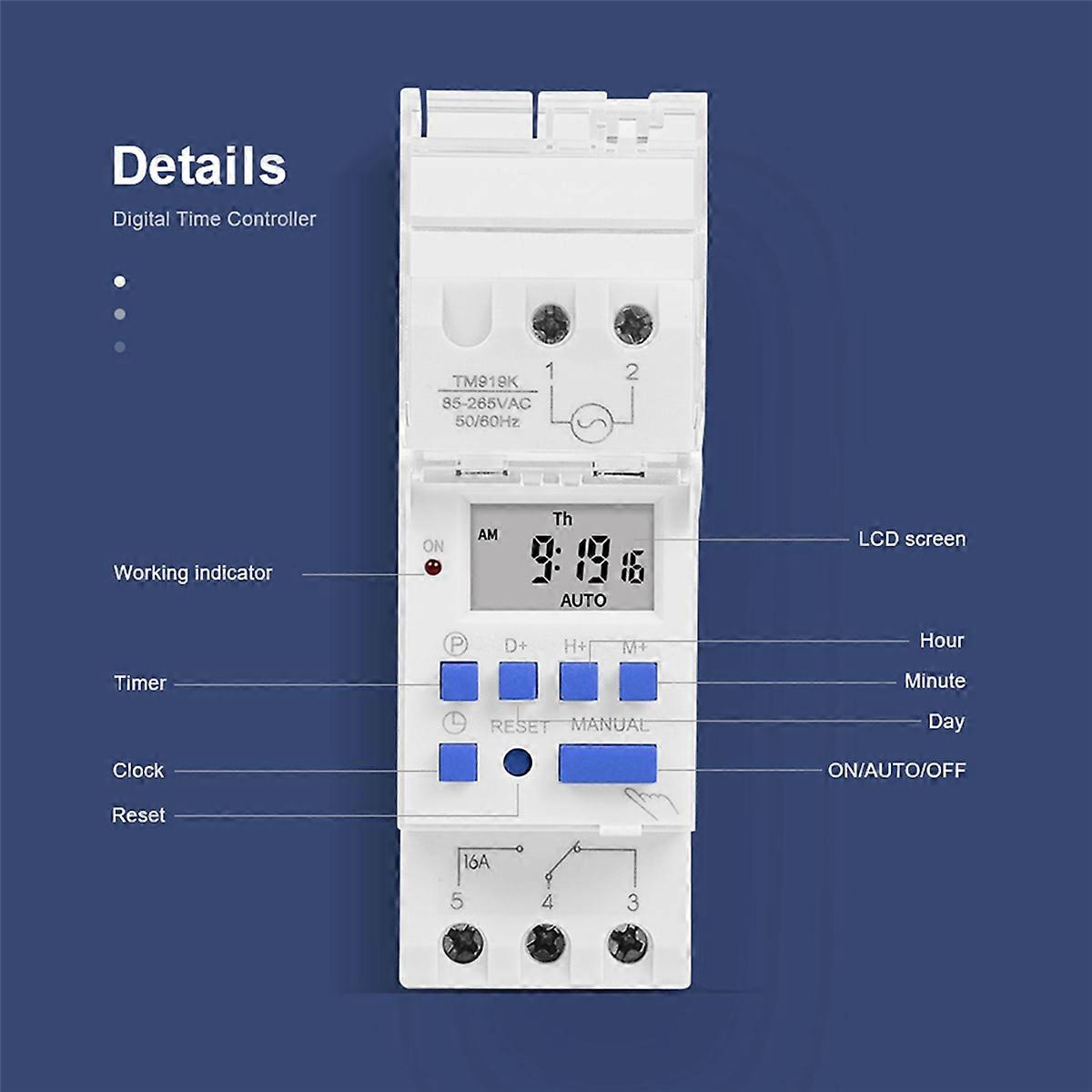 4X TM919A-2 Programmable Digital Time Switch Relay Timer Control AC 220V 16A Din Rail Mount