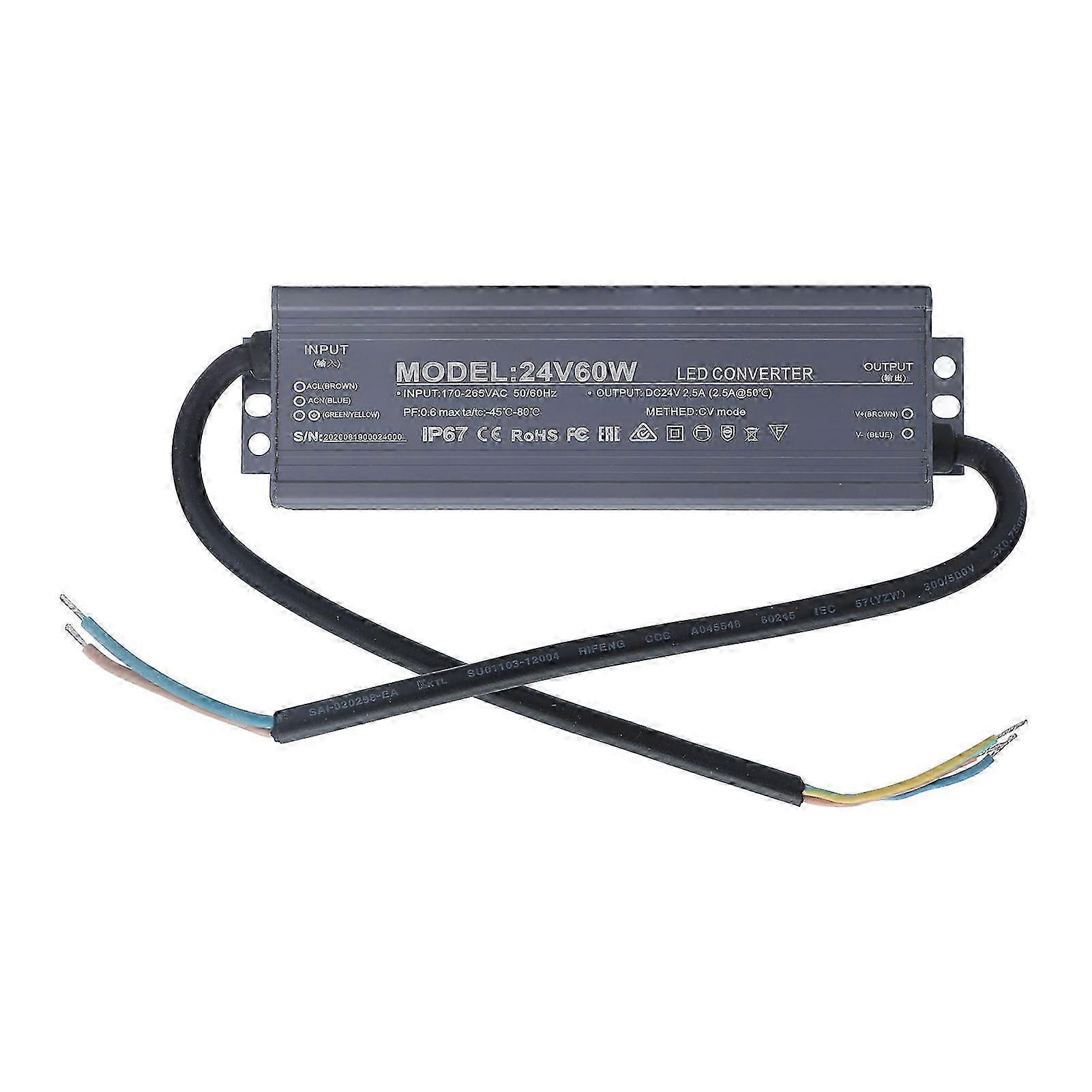 60W Constant Voltage LED Power Supply Driver Transformer IP67 Waterproof AC170-265V 24V 2.5A