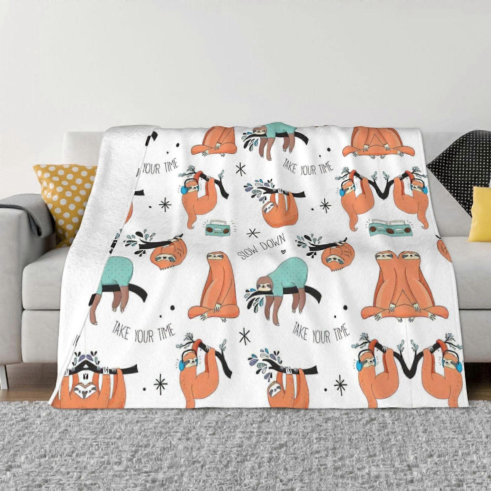 Brown fleece blanket with sloth print, various sizes, soft flannel blanket for couch, bed, camping, and travel Black 60'x50'