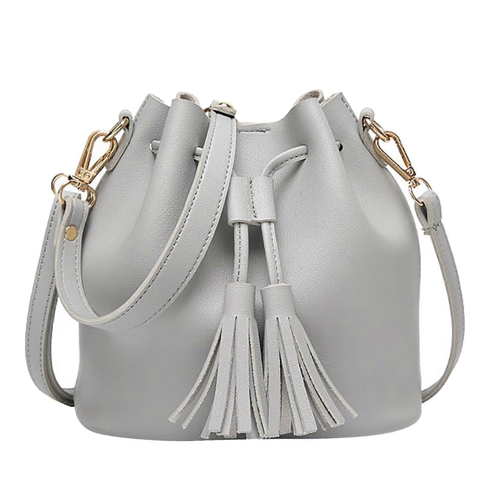 Solid Color Women's Crossbody Bag With Tassel, Drawstring, PU Leather, Gray, One Size, For DIY Crafts