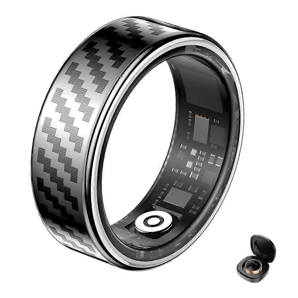 SY02 Carbon Fiber Pattern Smart Ring Multifunction Sleep Tracker Moniteur de fréquence cardiaque à oxygène sanguin, avec étui de charge Argent / Taille 12