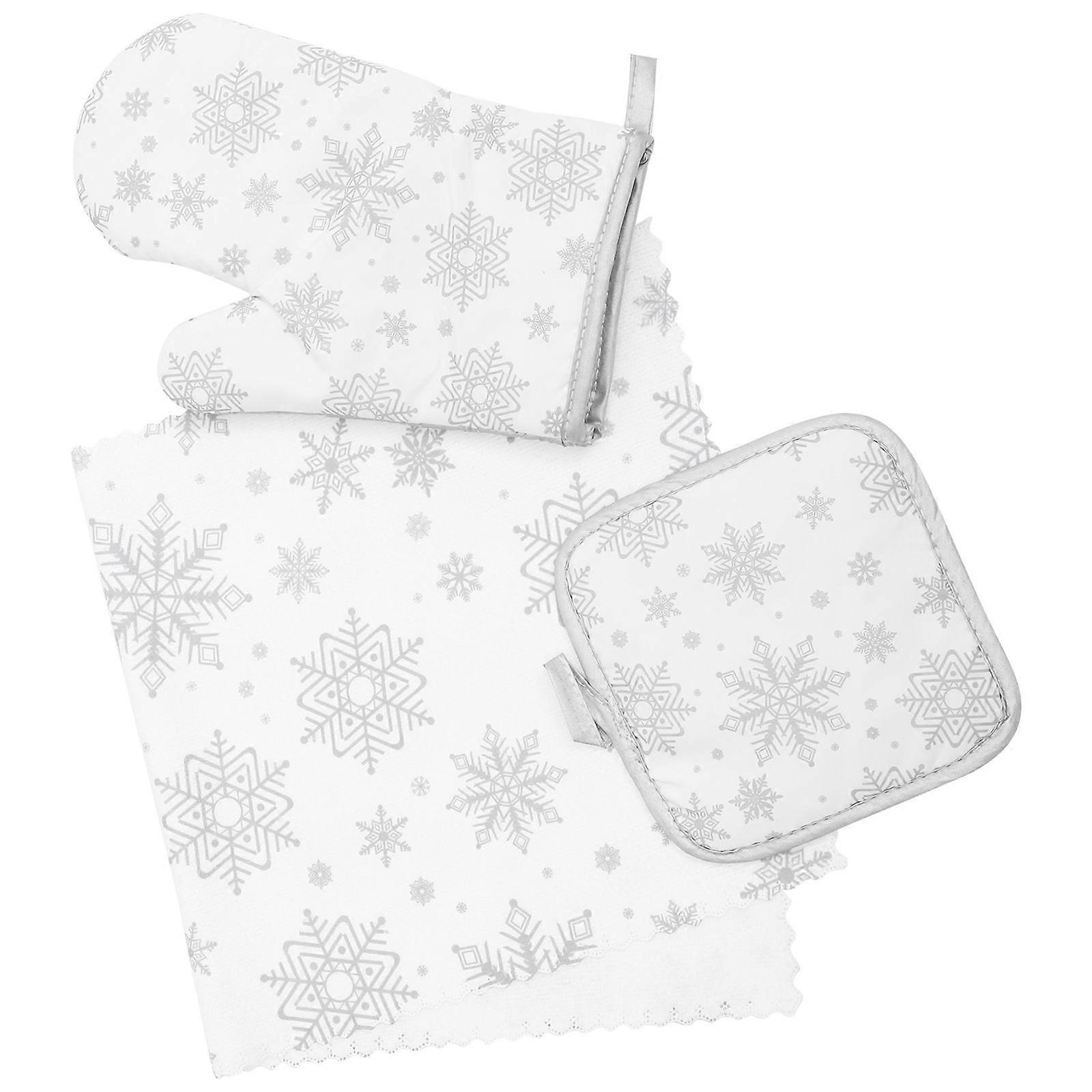 1 Set of Christmas Snowflake Pattern Heat Resistant Kitchen Gloves and Pot Holder Towel