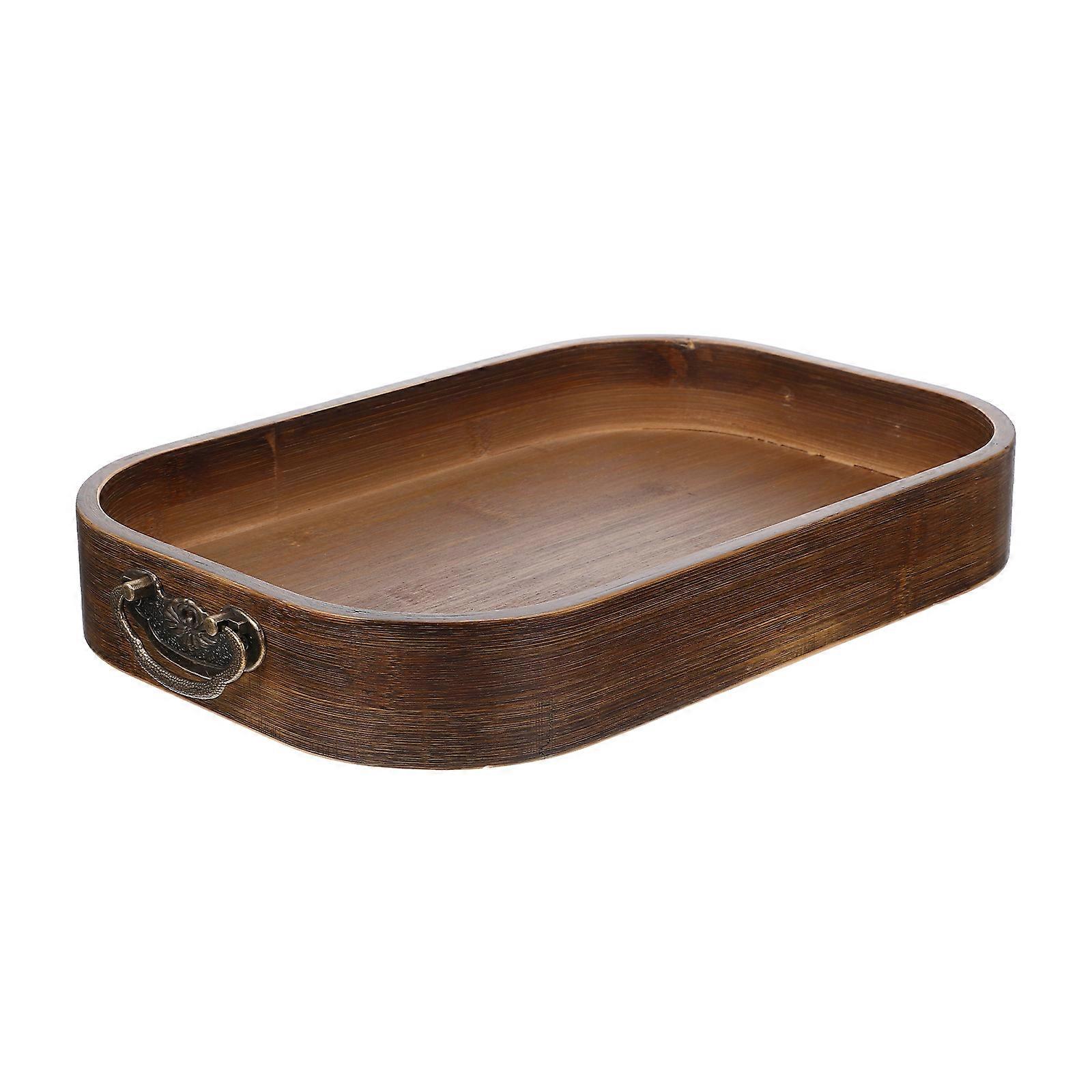 Bamboo Serving Tray with Metal Handle for Home Light Brown Bamboo and Zinc Alloy 14.2x8.7 Inches