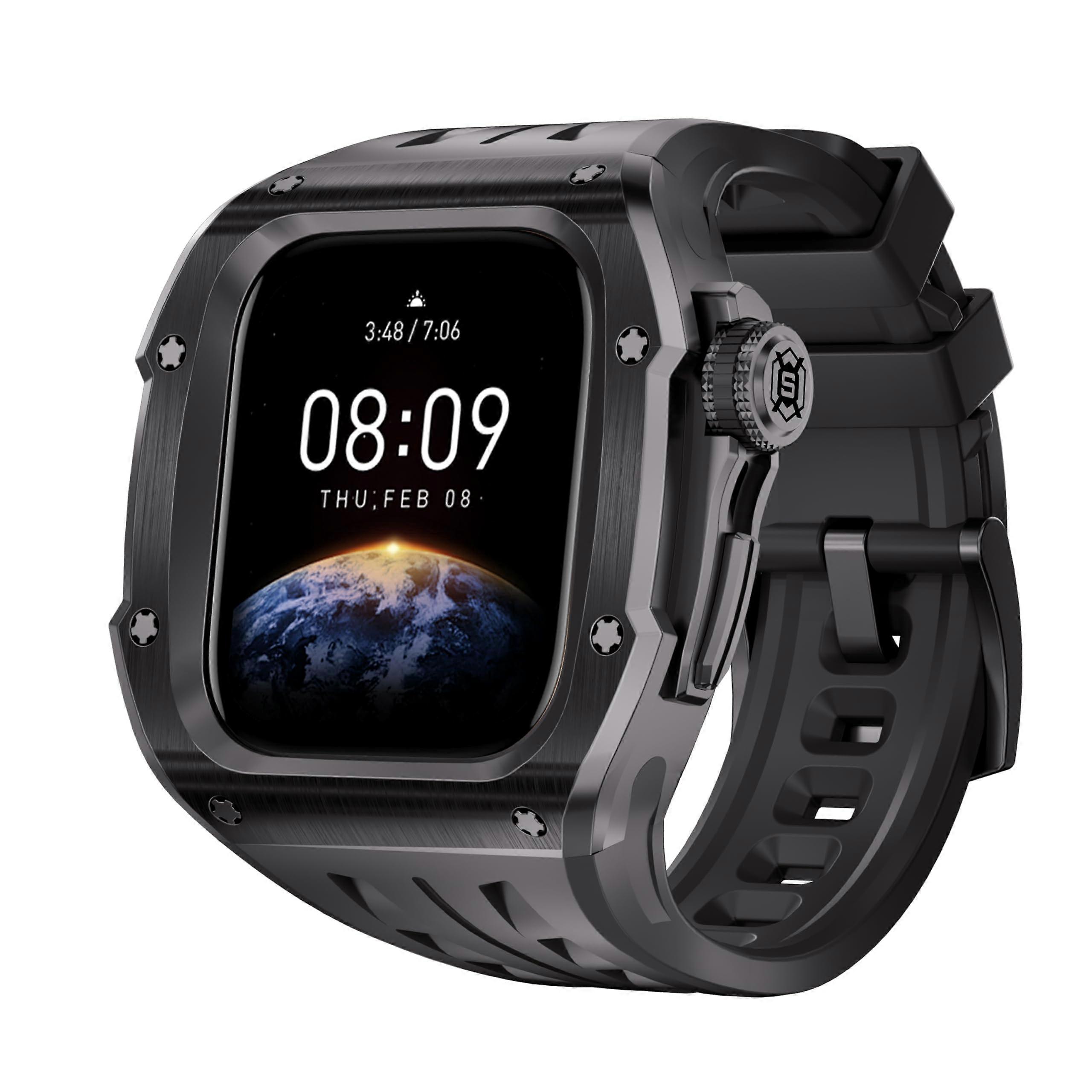 Apple Watch Series 10 46mm Stainless Steel Case And Silicone Band Replacement Mod Kit Watch Bands Black