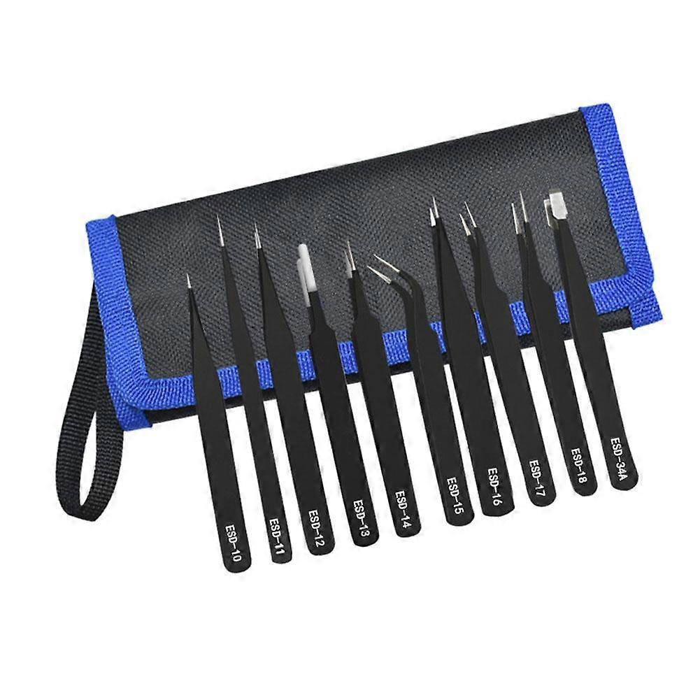 Anti static tweezers set 9 piece canvas bag precision steel tweezers kit