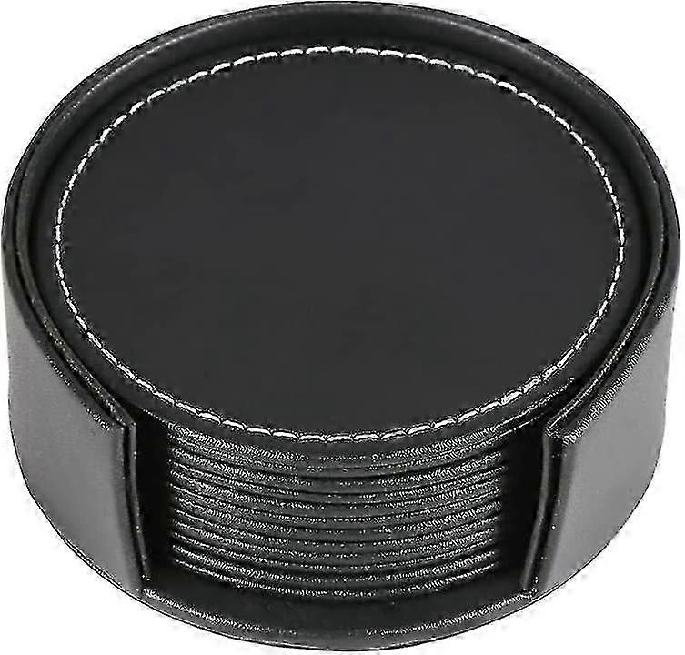 Leather Drink Coasters With Holder(black)(6pcs)
