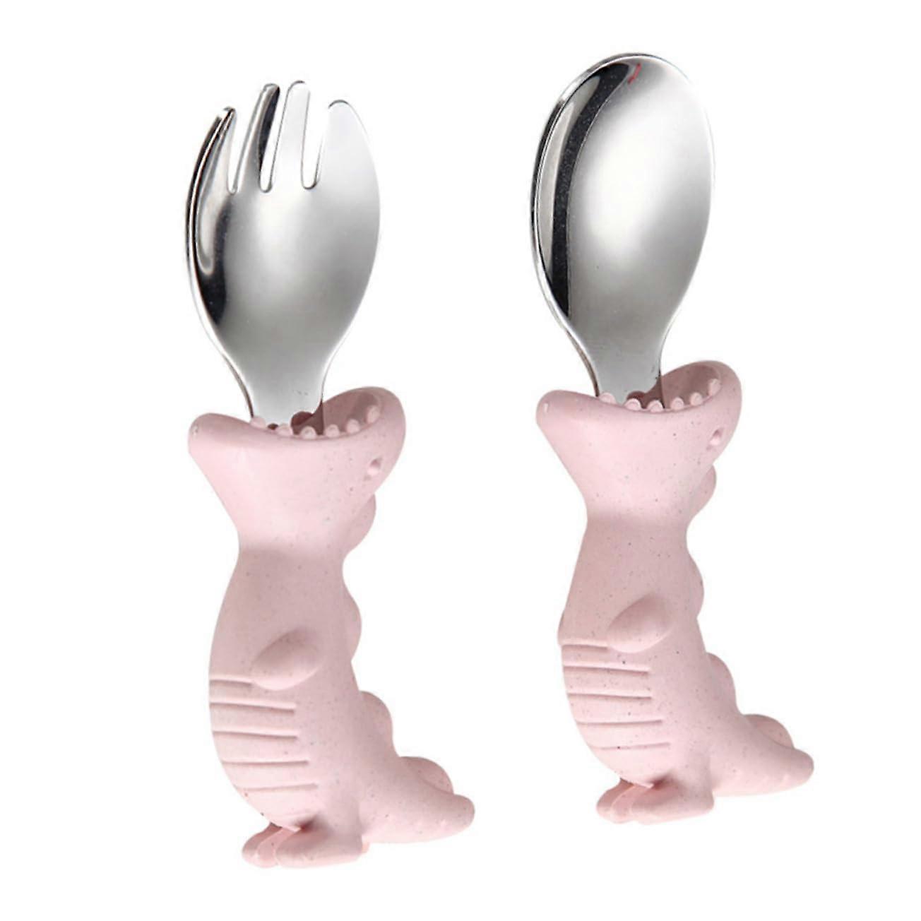 2pcs Stainless Steel Fork and Spoon Set with Short Handle for Kids Food Grade Safe PP Handles Dinosaur Design Training Cutlery