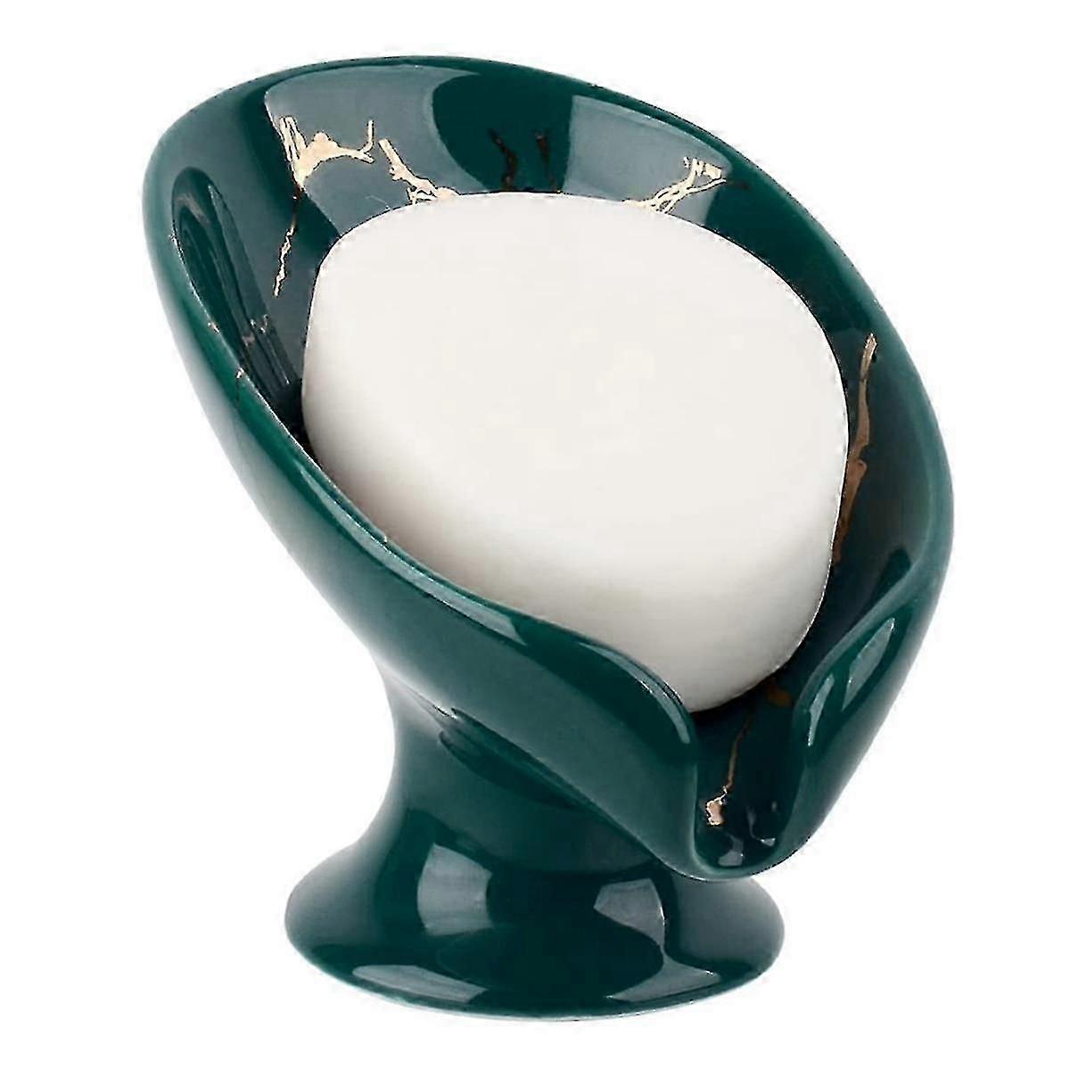 Soap Dish, Ceramic Soap Holder Self Draining Marble Look Leaf-shape Soap Dishes For Bathroom,green