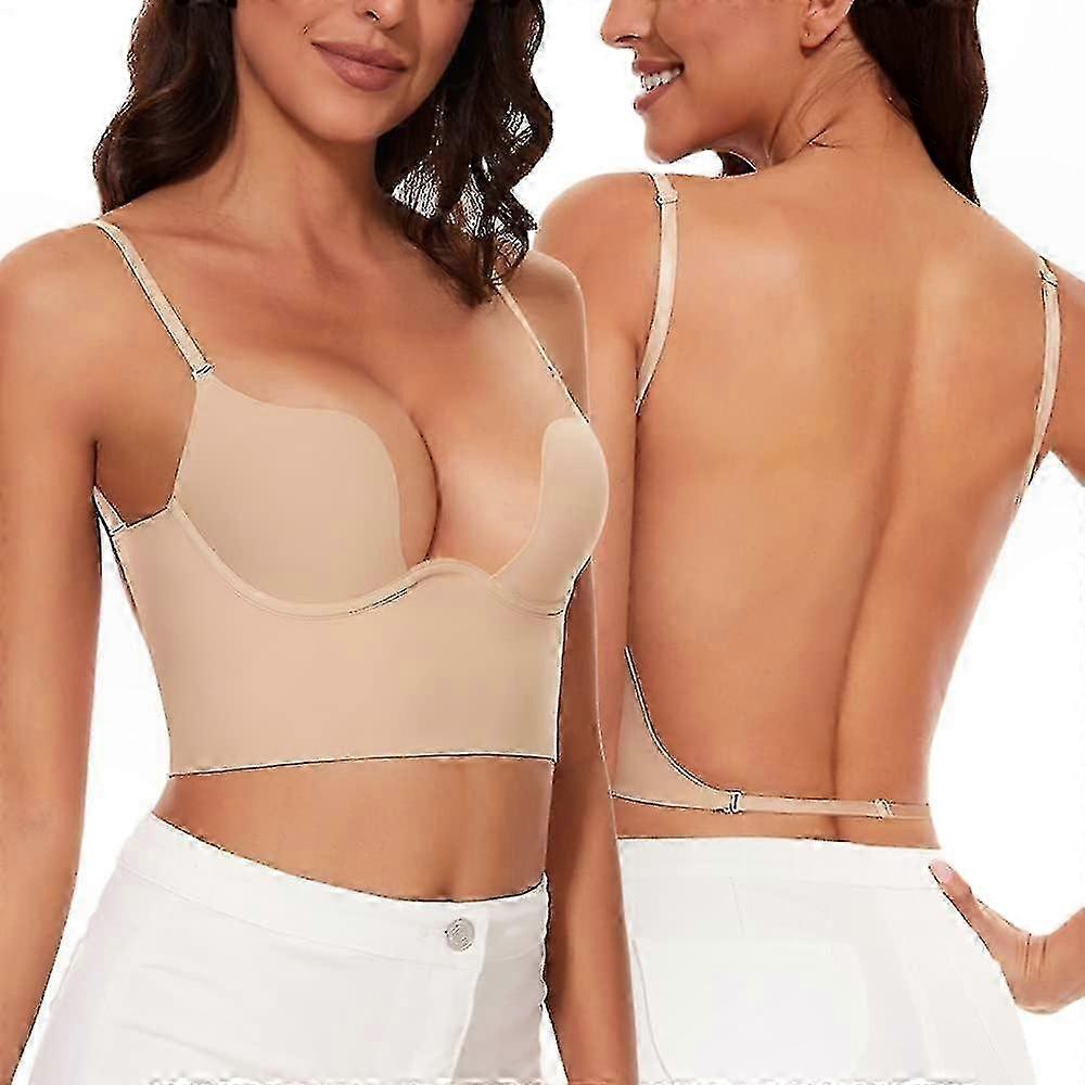 Women's Seamless Deep U Plunge Backless Bra - Convertible Multiway Halter Low Cut Open Back Bra for Stylish Versatility