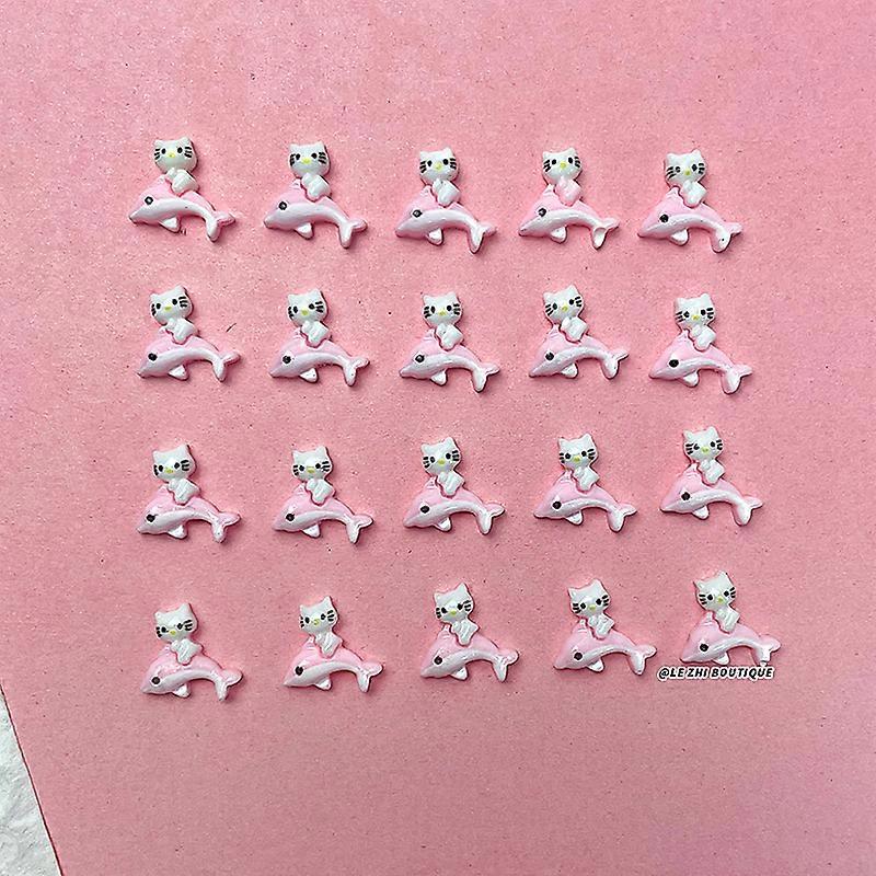 20Pcs Hawaii 3D Hello Kitty Nails Art Resin Accessories Summer Beach Black Skin KT Phone Case Sticker Manicure Decals Decoration