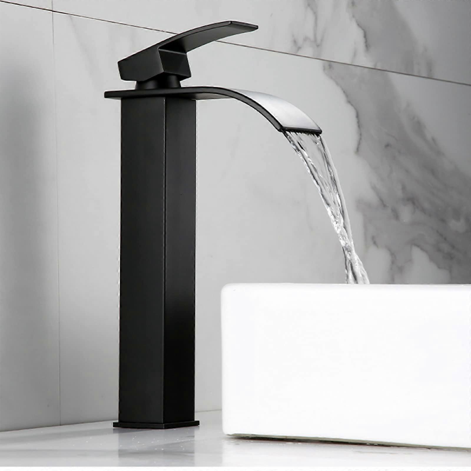 Basin Mixer Waterfall Style Black Finish, Hot and Cold Water, Stainless Steel, Single Handle Basin Faucet For Bathroom