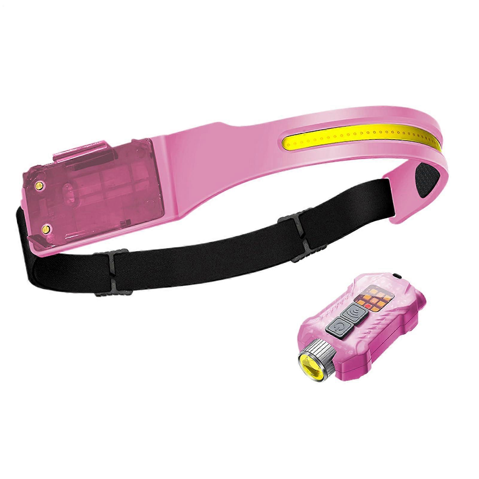 Head Flashlight Waterproof Rechargeable Sensor Lamp, Head Strap, Motion Activated, Long Runtime, Elastic COB LED, Pink