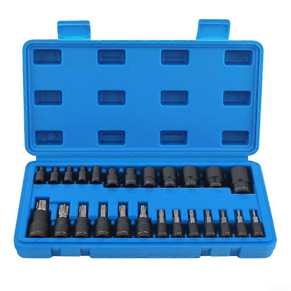 Socket And Screwdriver Set 25 Piece E Type And T Type Hex Sockets For Automotive And Motorcycle Heat Treated Alloy Steel