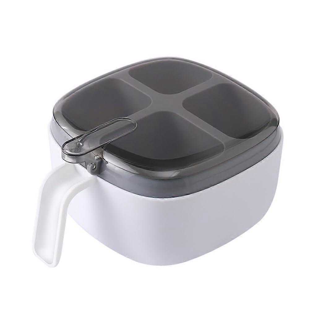 Spice Storage Box with Four Compartments and Spoons, Clear Lid, MoistureProof Kitchen Organizer White