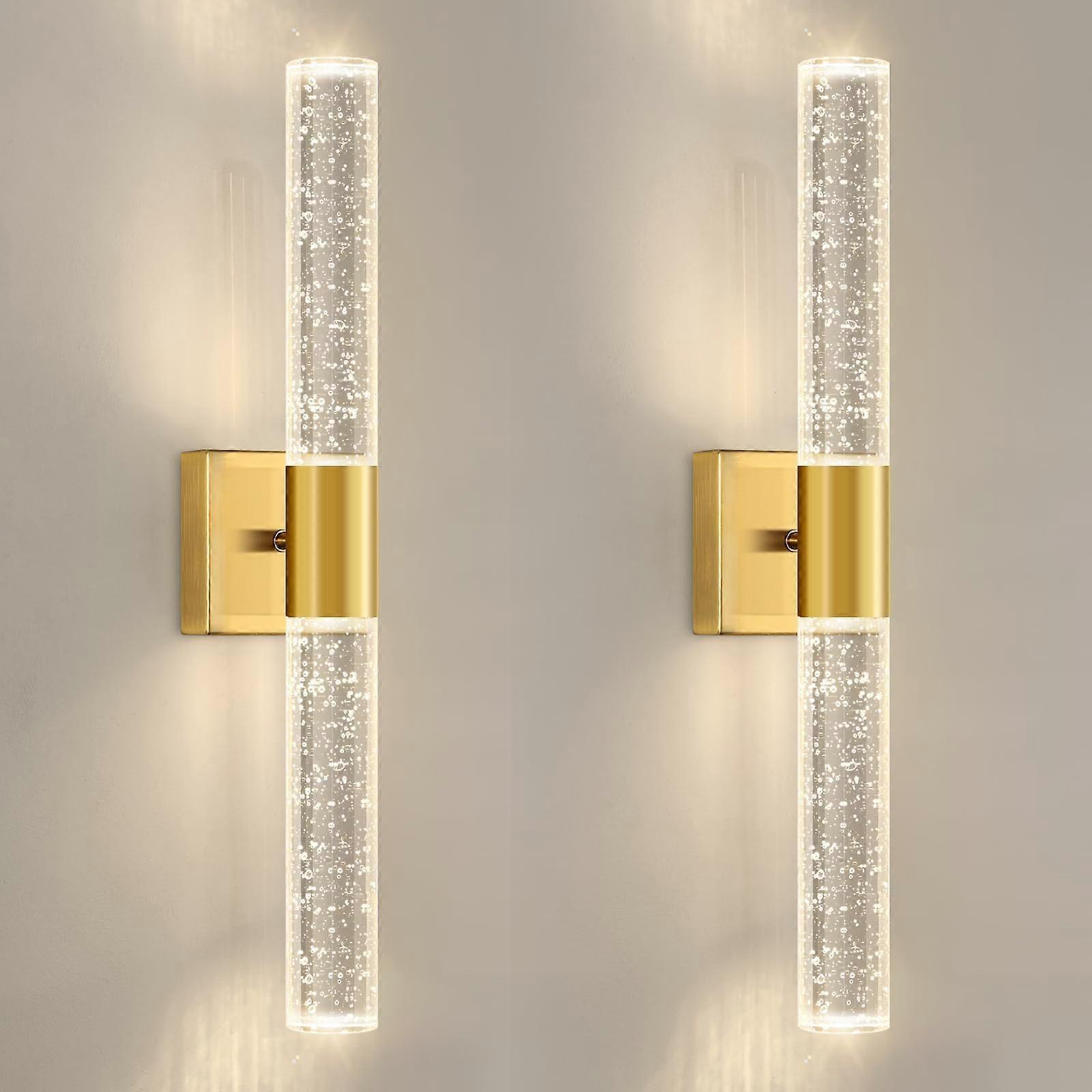 Brushed Gold LED Wall Sconces Set of 2, Modern Crystal Light Fixtures with Warm 3000K Glow