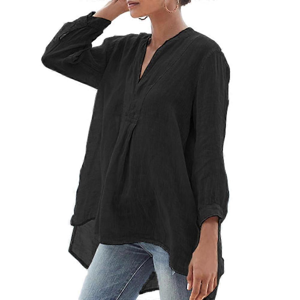 Women's Linen Tunic Top with V-Neck and 3/4 Lantern Sleeves in Light Blue