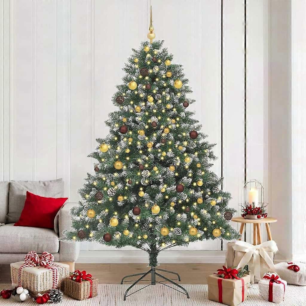 7FT PreLit Artificial Christmas Tree with Pine Cones and 300 Warm White LEDs, Hinged Easy Assembly for Indoor Outdoor Use