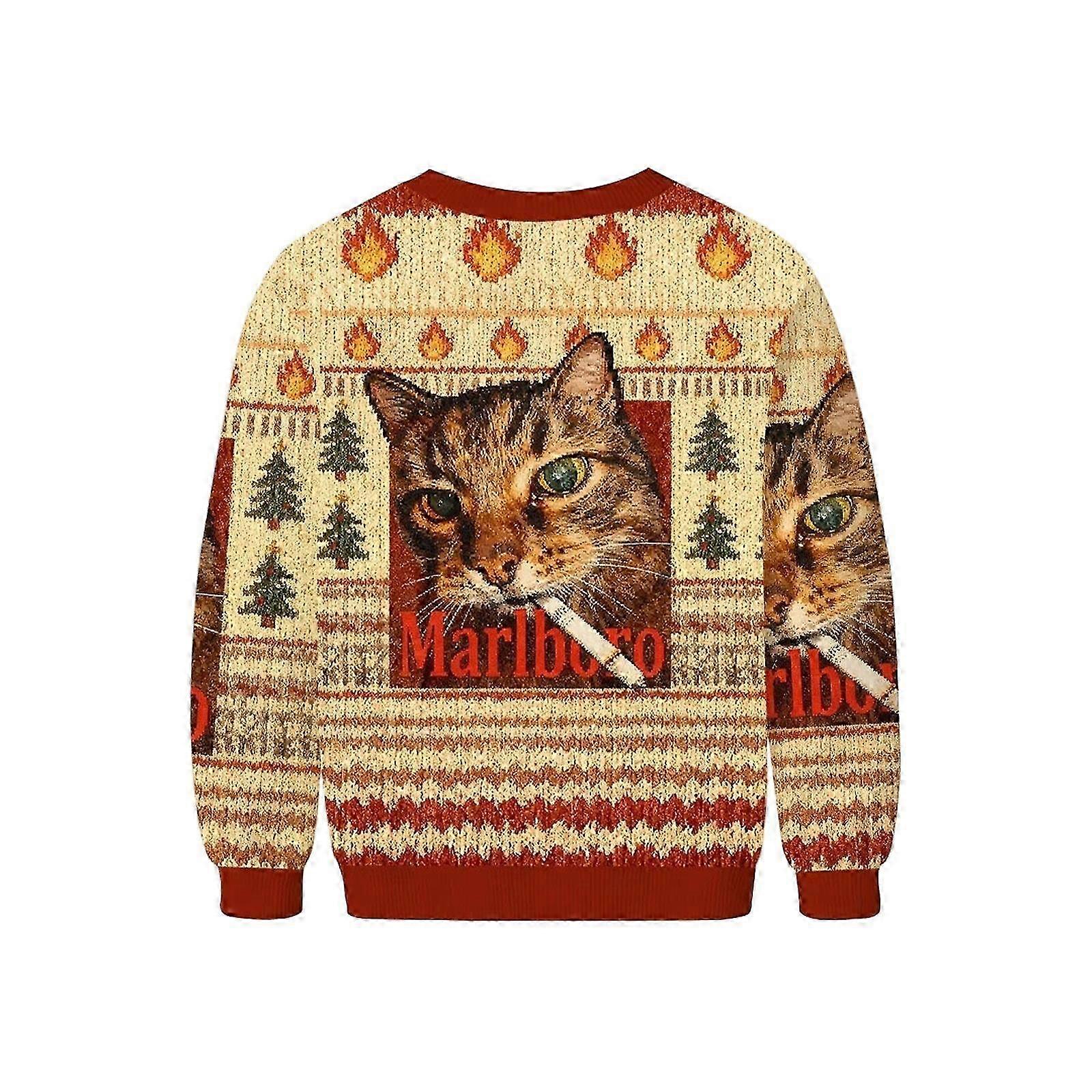 Funny Marlboro Smoking Cat Meme Ugly Christmas Sweatshirt, Xmas Ugly Pullover Top