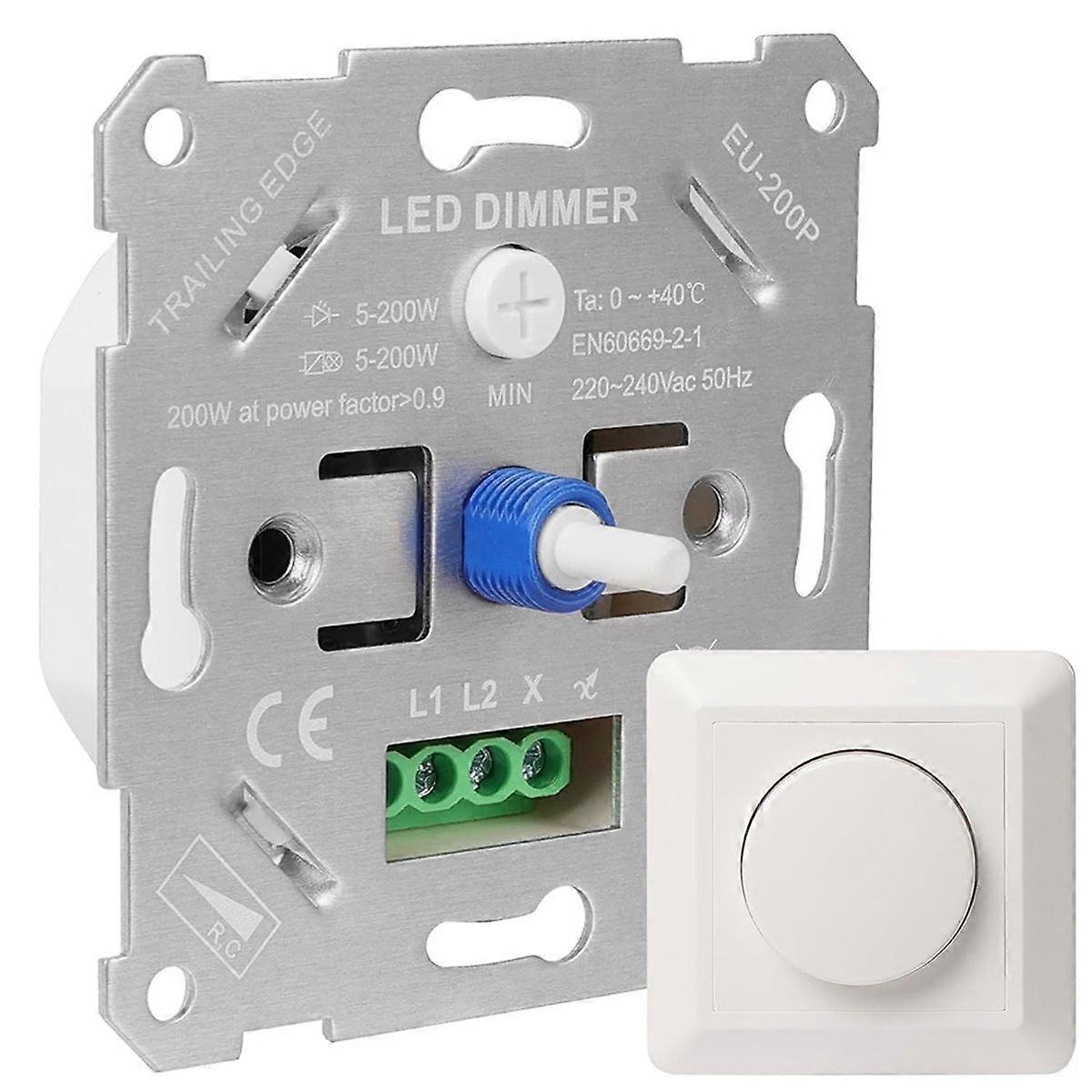 LED Dimmer Switch 230V for Dimmable LEDs/ 5-200W with White Cover Plate