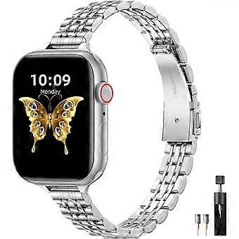 Metalen bandje compatibel met Apple Watch 41mm 40mm 38mm, verstelbaar voor iWatch Series 9 8 7 6 5 4 3 2 1 SE 2/1 Ultra 2/1, zilverkleurig