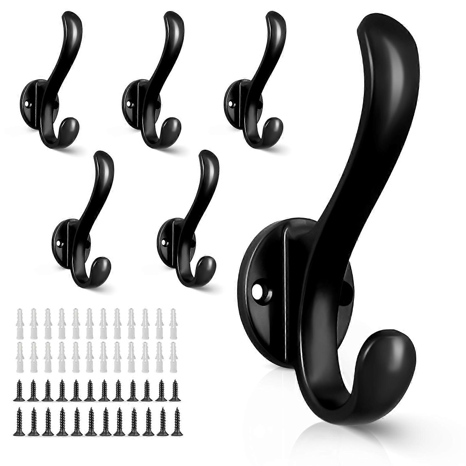 6 Pack Heavy Duty Wall Mounted Coat Hooks Black Double Design for SpaceSaving MultiRoom Use