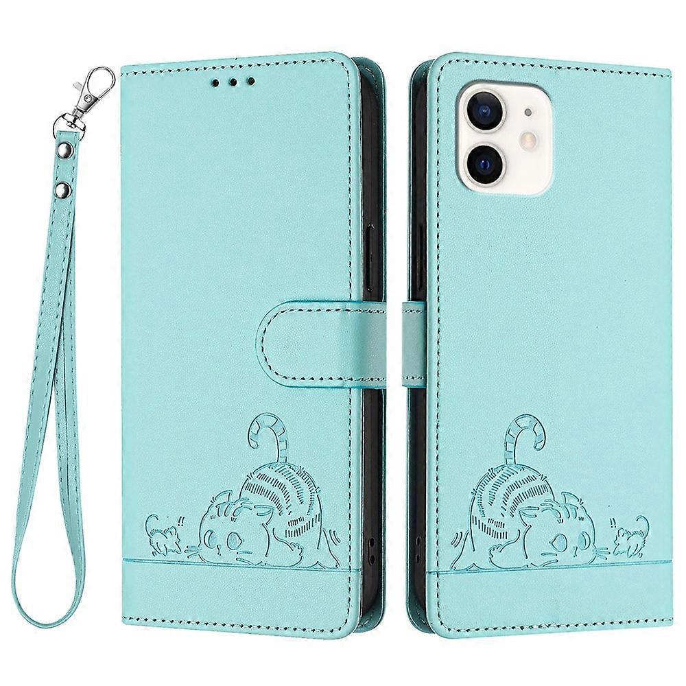 For iPhone 12/12 Pro Case with Strap RFID Blocking Leather Wallet Phone Cover Cat Mouse Pattern