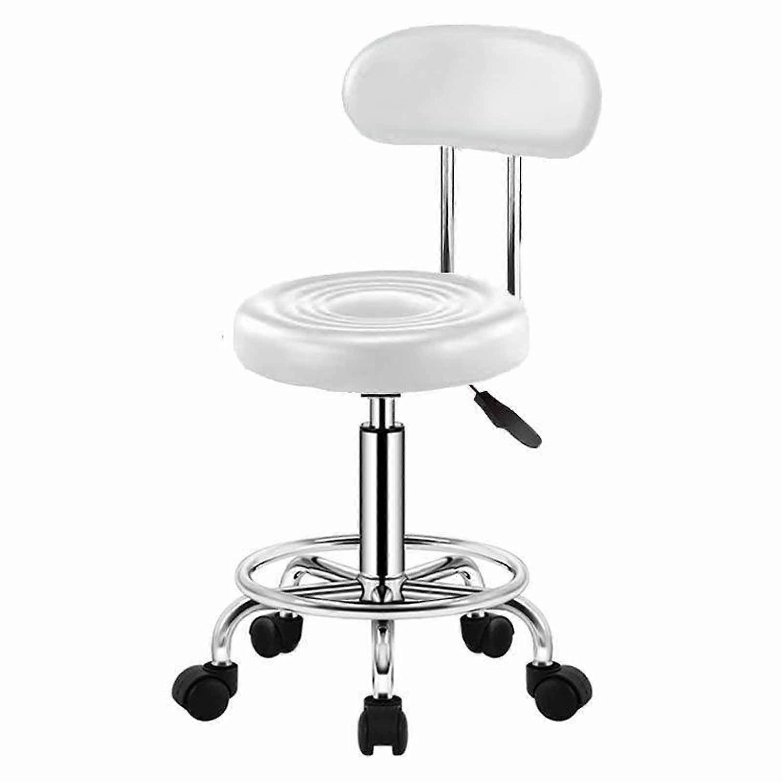 White Adjustable Height Salon Stool with Wheels, Ergonomic PU Leather Rolling Spa Chair for Lash Tech