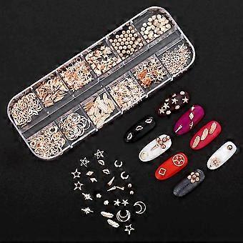 Nail Art Decorations 3D Metallic Punk Moon and Starfish Alloy Studs 12Style DIY Manicure Set