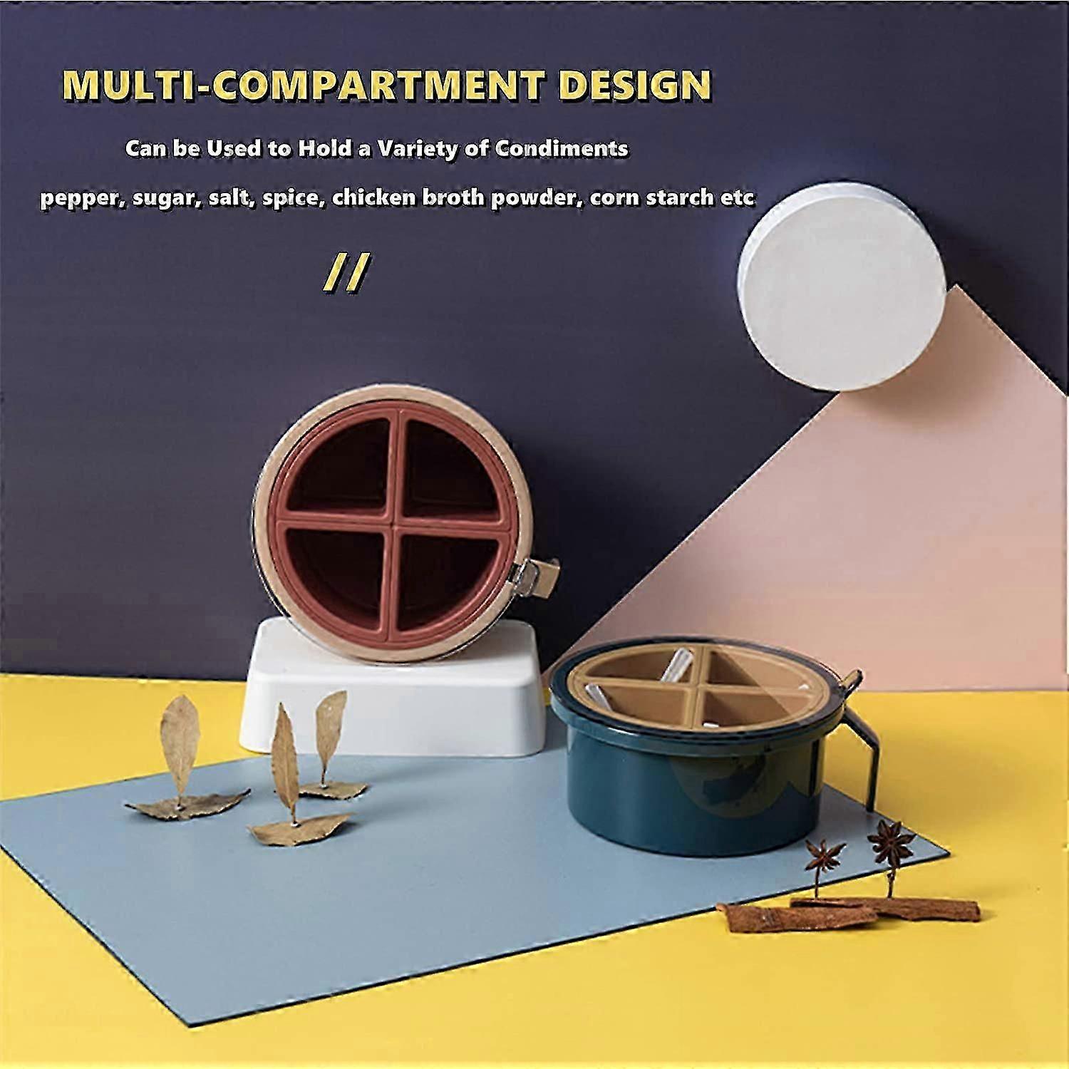 4 Compartments Round Condiment Storage Container with Spoon for Kitchen