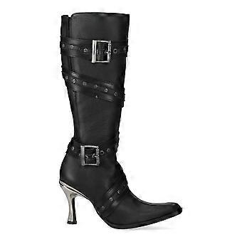 New Rock M-9029-C10 Womens Black Leather Gothic Biker Buckle Knee-High Heeled Boots