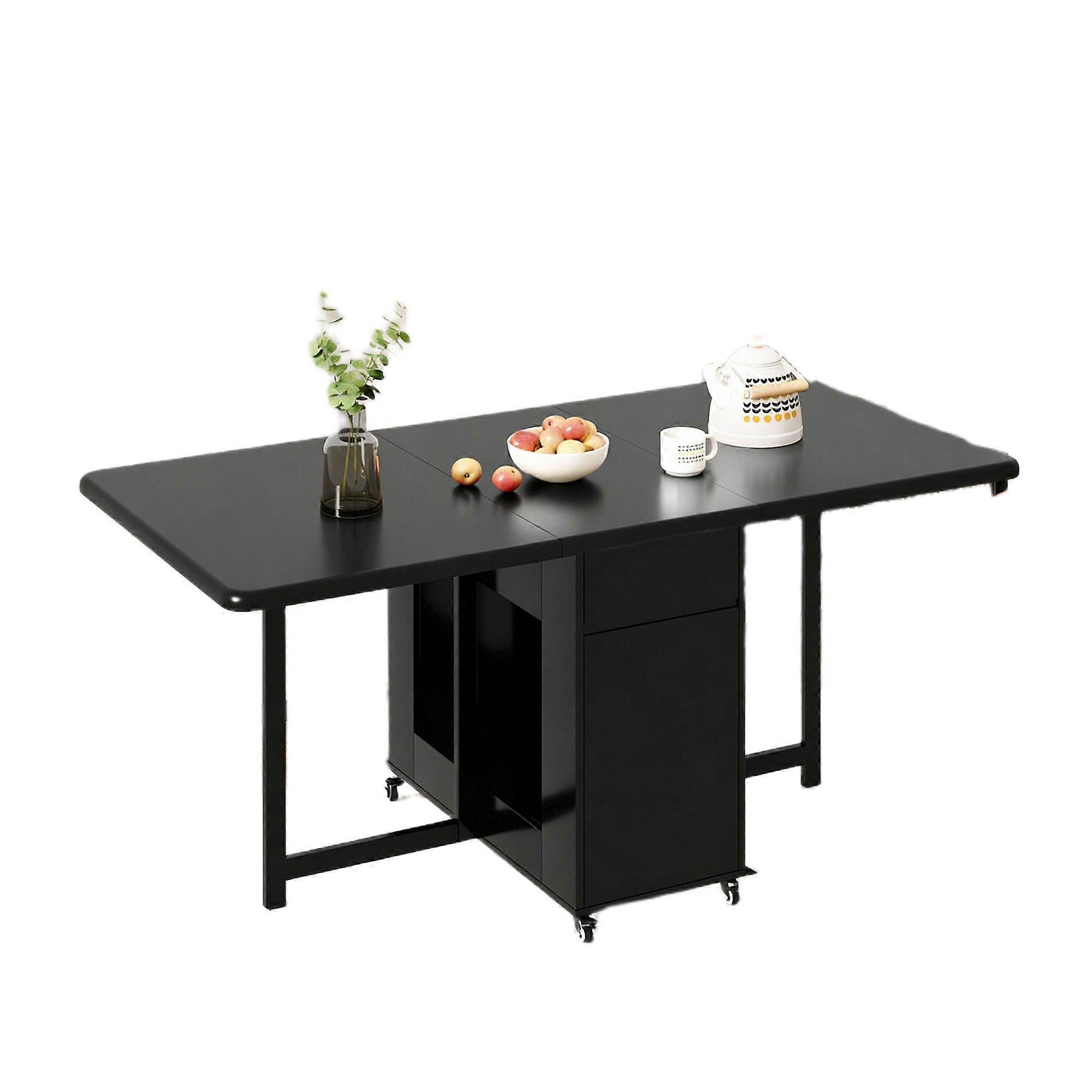 Black Folding Dining Table on Wheels with Built-In Storage