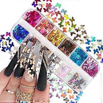 Papillon Nail Art Glitter Sequins 12 Couleurs 3D Holographique Papillon Nail Stickers Flocons pour Ongles Acrylique Manucure Paillettes Ultrathin Glitters Nail