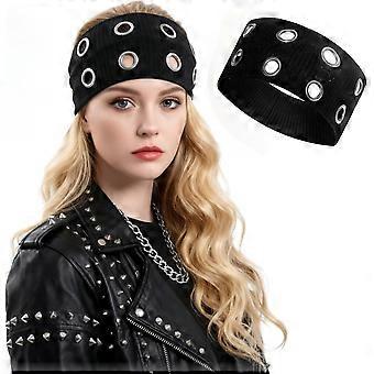 Grommet Headband Hollow Out Eyelets Elastic Headband Y2K Headbands with Holes Goth Punk Grunge Fashion Wide Studded Headbands Black Eyelets Casual Hai