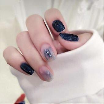Short Square Press On Nails Set Blue Ombre False Nails 24 Pcs Instant Salon Finish Reusable