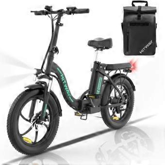 HITWAY elektrische fiets zwart, 20" elektrische fat mountainbike voor volwassenen, 36V-11.2Ah accu, Shimano 7 versnellingen + HITWAY zwarte tas