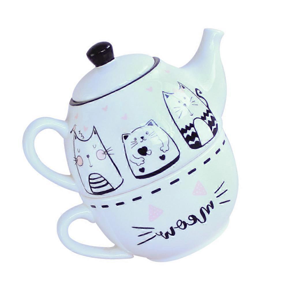 Ceramic Tea Cup Teapot Kit for Storage 1Set with Cat Pattern White
