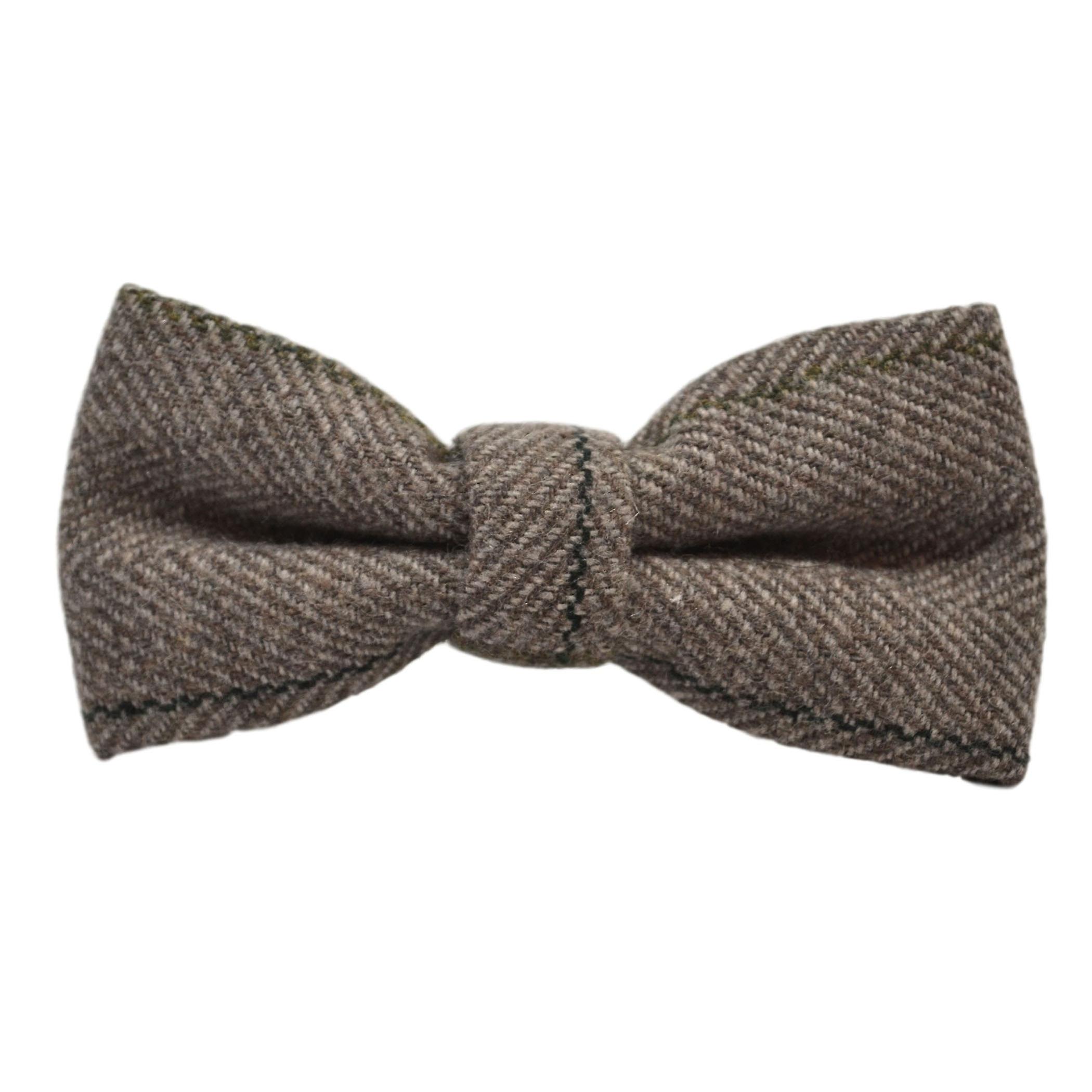 Light Khaki Brown Herringbone Check Bow Tie & Pocket Square Set