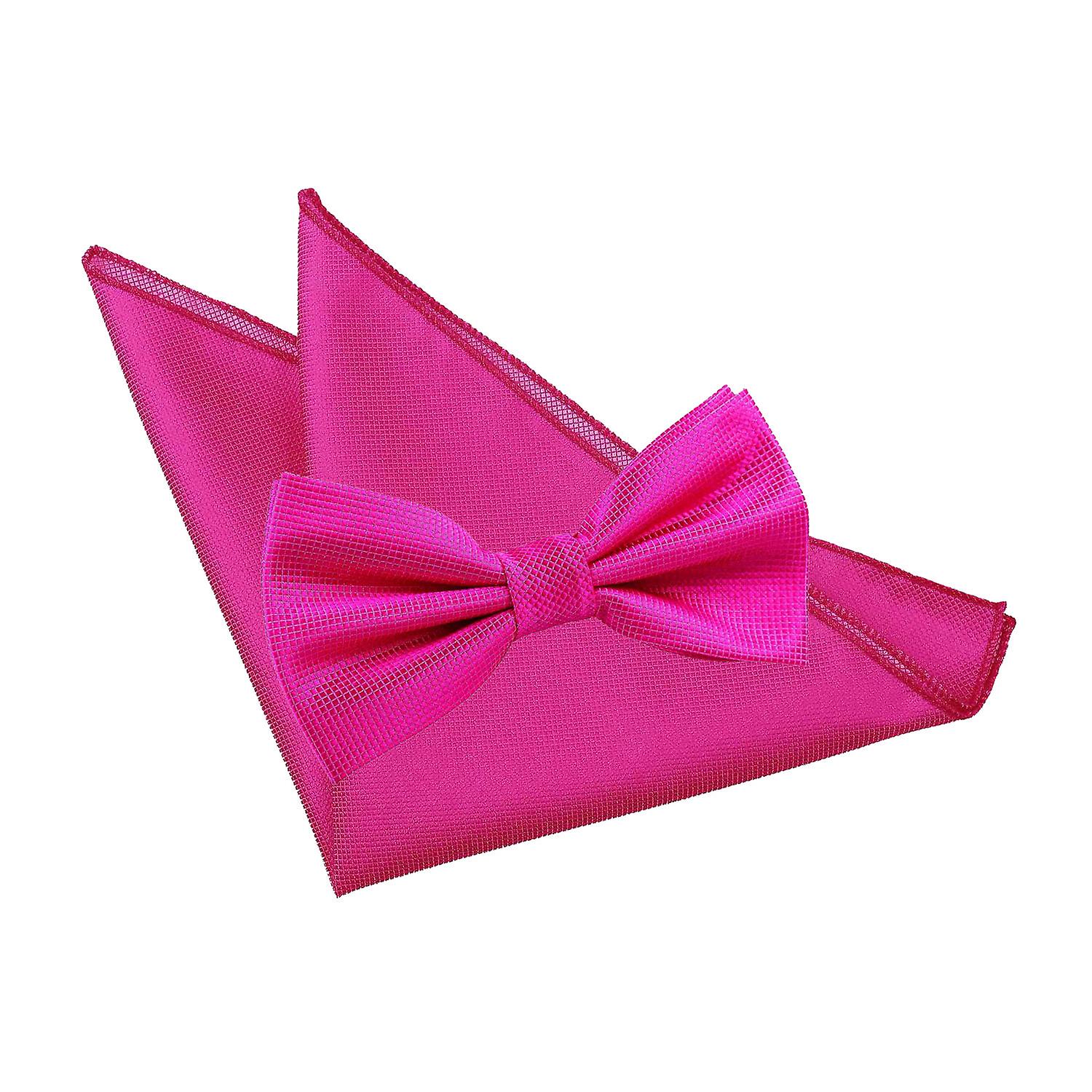 Fuchsia Pink Solid Check Bow Tie and Pocket Square Set