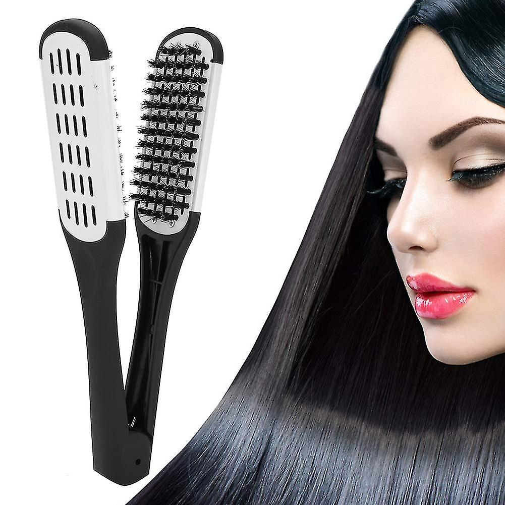 Double Brushes Comb, Anti-static Dual-brush Comb, Professional Hair Straightener Comb, V Shaped Clamp Styling Comb
