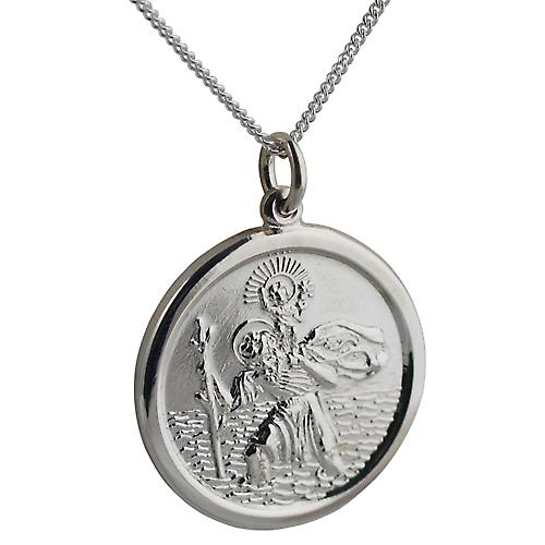 Silver 26mm round solid St Christopher Pendant with a curb Chain 24 inches