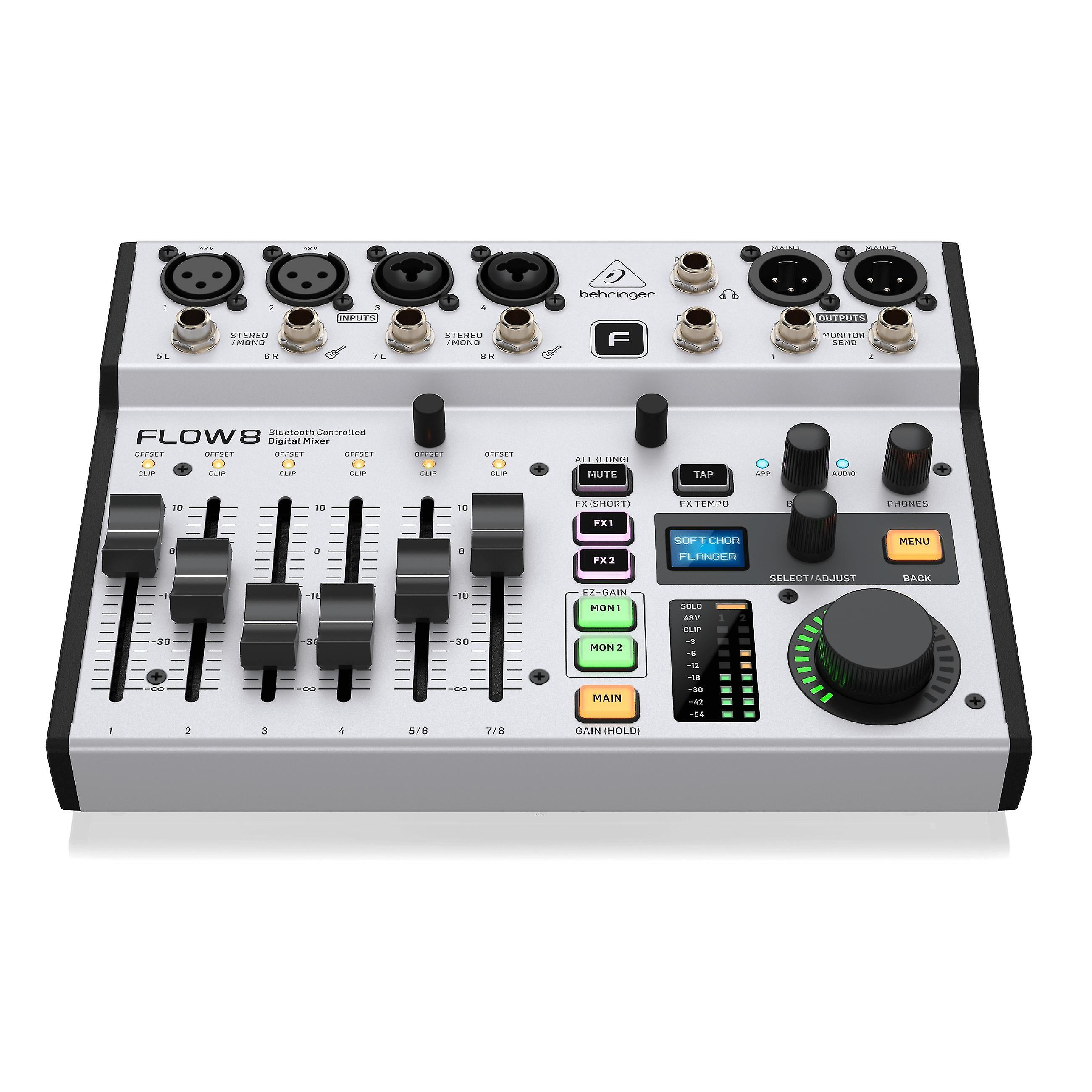 Behringer Flow 8 Mélangeur numérique à 8 entrées 2 processeurs Fx et interface USB / audio pour télécommande Bluetooth