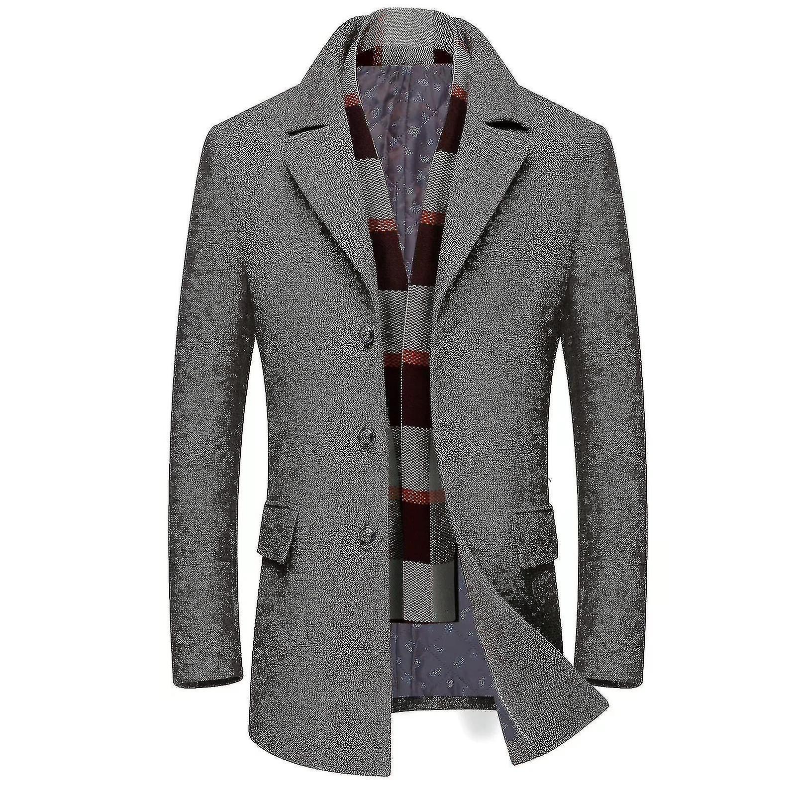 Men's Plaid Scarf Notched Collar Single Breasted Quilted Wool Midi Coats - JXLGV